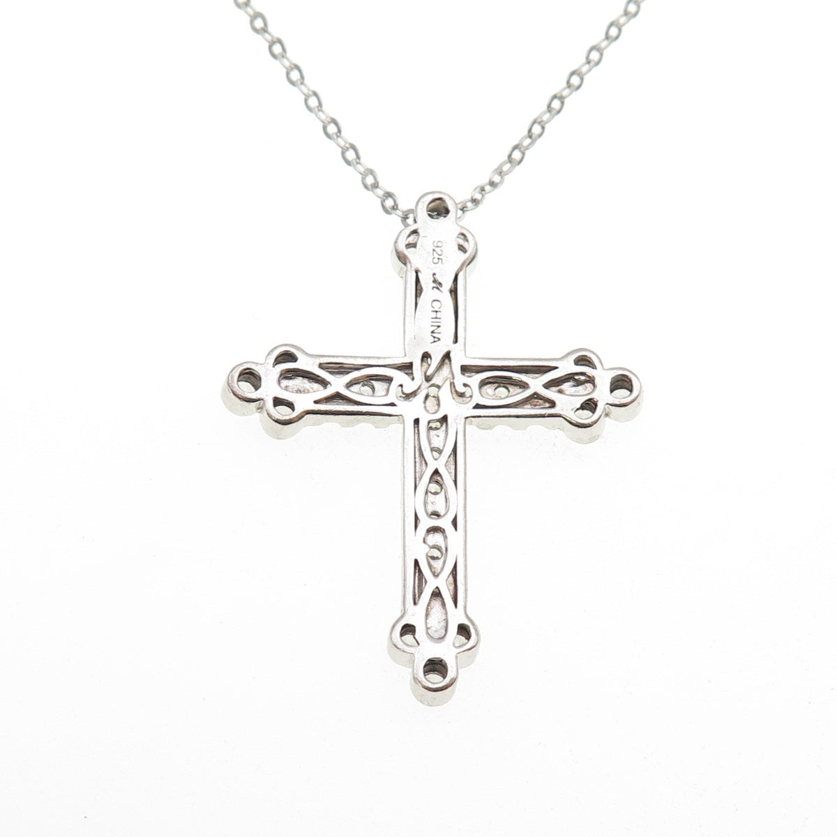 925 Sterling Silver Round-Cut C Z Cross Cable Chain Necklace 16-18"