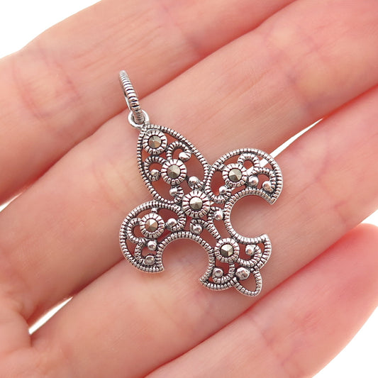 925 Sterling Silver Vintage Real Marcasite Fleur de Lis Oxidized Charm Pendant