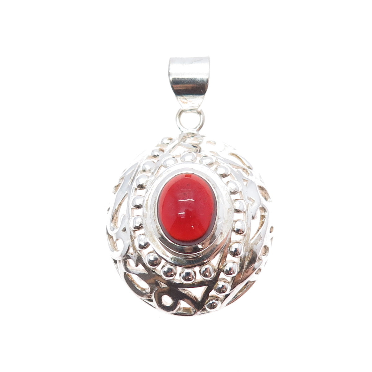 925 Sterling Silver Vintage Real Oval-Cut Red Garnet Beaded Charm Pendant