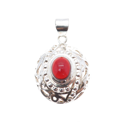 925 Sterling Silver Vintage Real Oval-Cut Red Garnet Beaded Charm Pendant