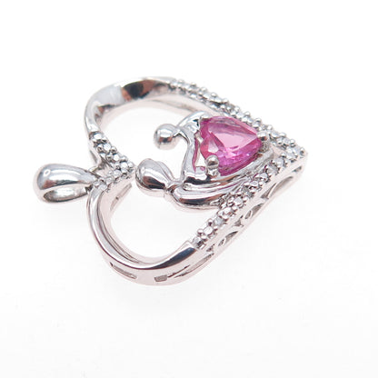 SUN Sterling Silver Real Diamond Pink Sapphire Mom & Child Heart Charm Pendant