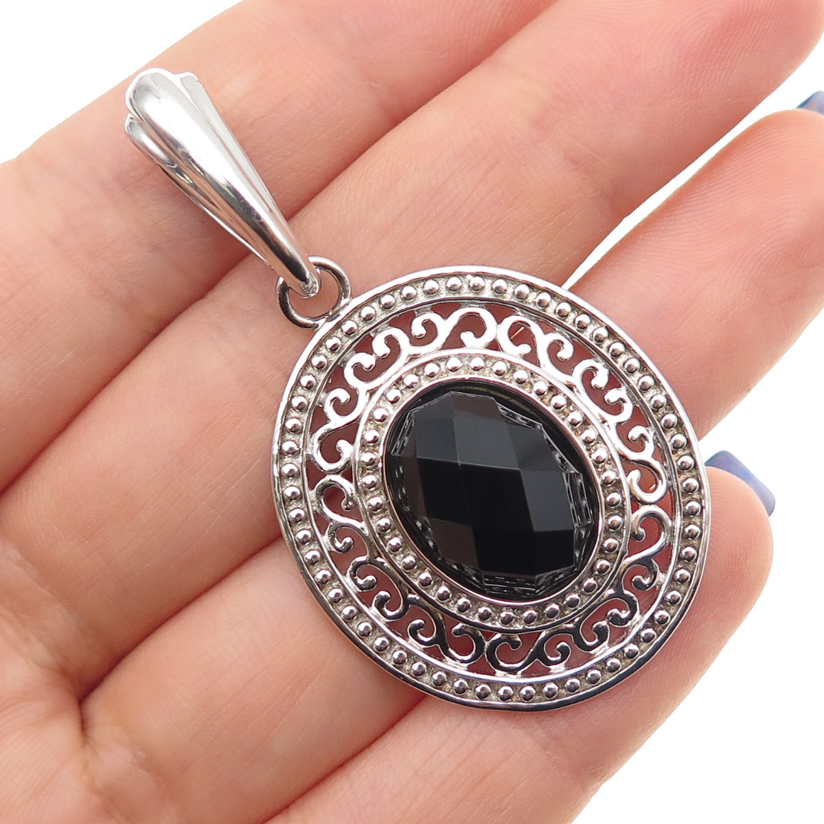 925 Sterling Silver Vintage Real Black Onyx Beaded Ornate Pendant
