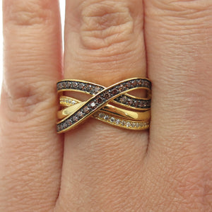 925 Sterling Silver Gold Plated Real Smoky Quartz & C Z Crisscross Ring Size 7