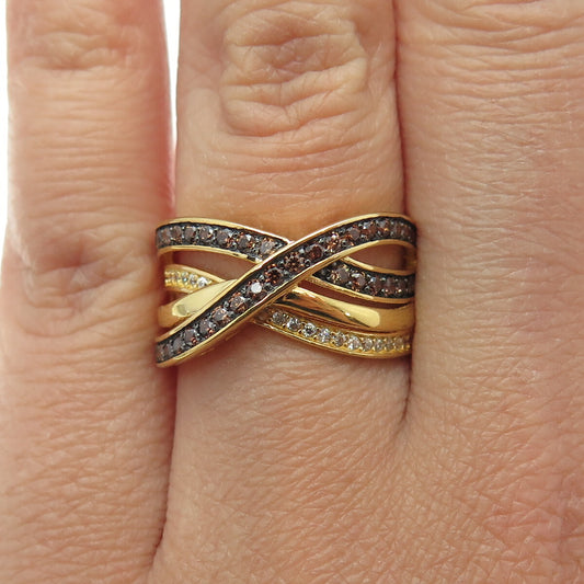 925 Sterling Silver Gold Plated Real Smoky Quartz & C Z Crisscross Ring Size 7