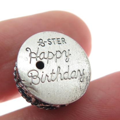 BEAU 925 Sterling Silver Antique Birthday Cake Oxidized Mini 3D Charm Pendant