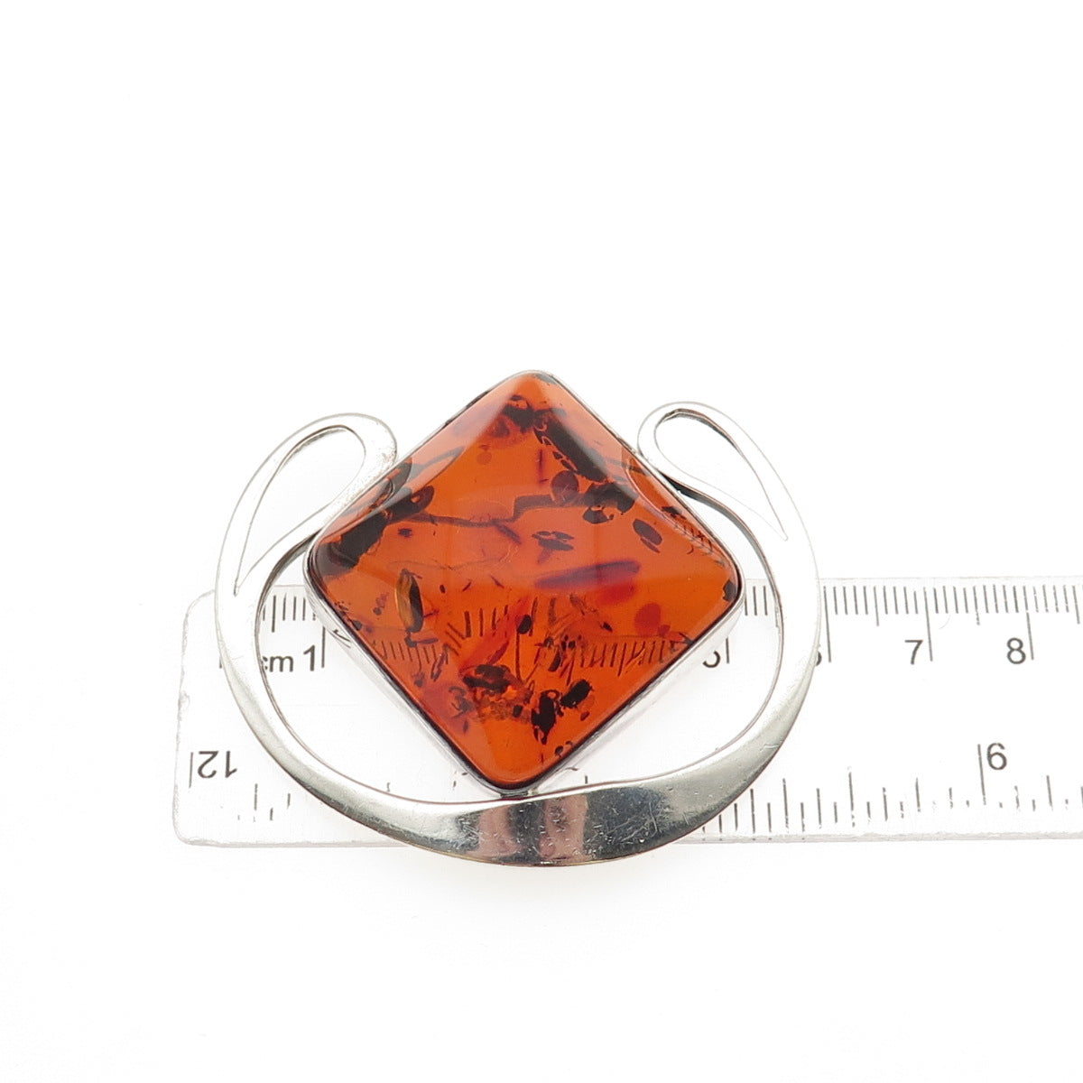925 Sterling Silver Vintage Real Amber Modernist Oxidized Large Pin Brooch