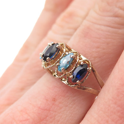 925 Sterling Gold Plated Vintage Lab-Created Sapphire & Blue C Z Ring Size 8