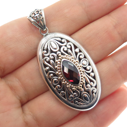 ART'S ELEGANCE 925 Sterling Silver 14K Gold Vintage Real Red Garnet Pendant