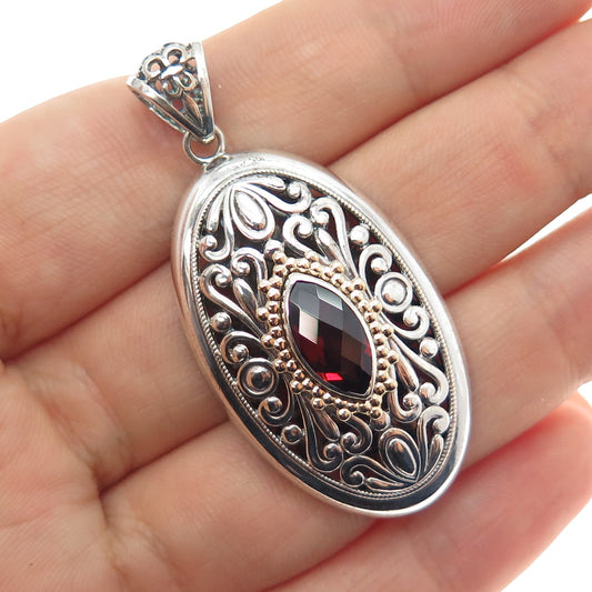ART'S ELEGANCE 925 Sterling Silver 14K Gold Vintage Real Red Garnet Pendant