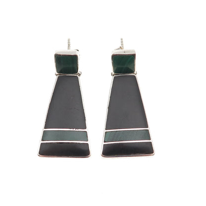 980 Silver Vintage Real Black Onyx & Malachite Modernist Dangle Earrings