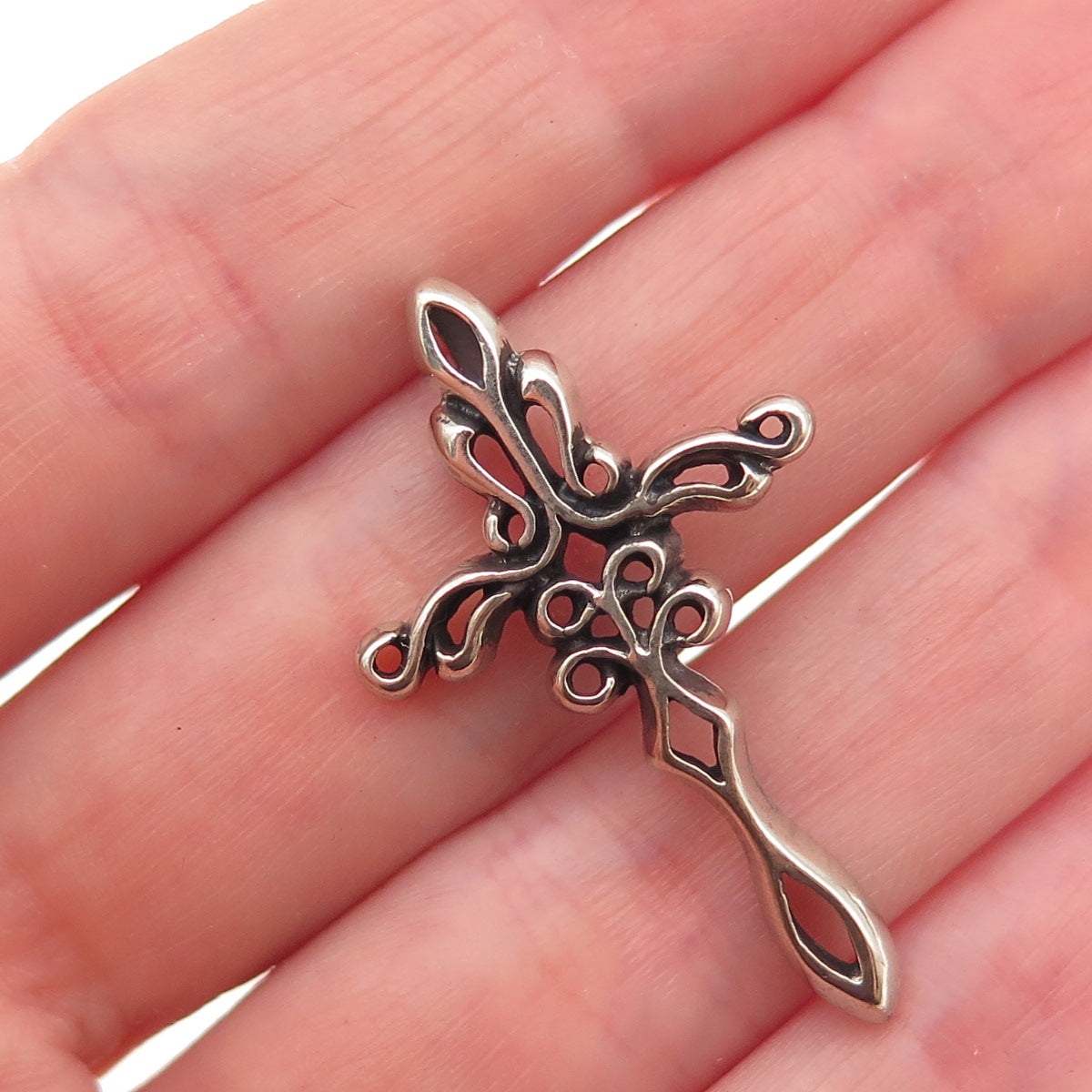 925 Sterling Silver Vintage Fleur de Lis Cross Oxidized Slide Pendant