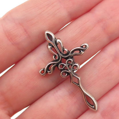 925 Sterling Silver Vintage Fleur de Lis Cross Oxidized Slide Pendant
