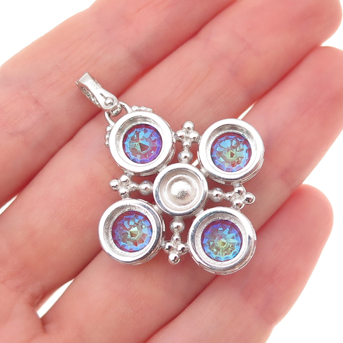 925 Sterling Silver Real Pearl & Mystic Quartz Cross Charm Pendant