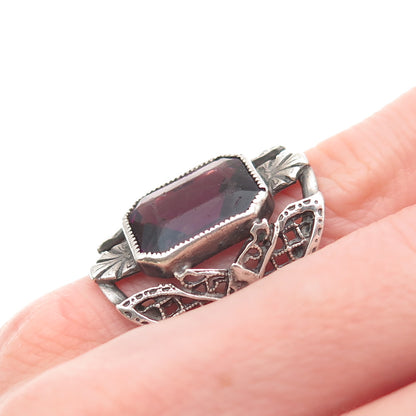 925 Sterling Silver Antique Art Deco Real Emerald-Cut Amethyst Ring Size 2