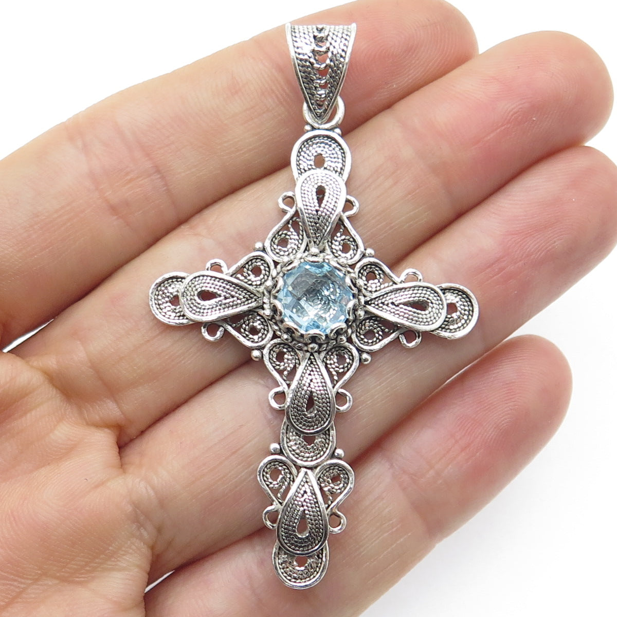 925 Sterling Silver Vintage Turkey Blue Topaz Gemstone Filigree Cross Pendant