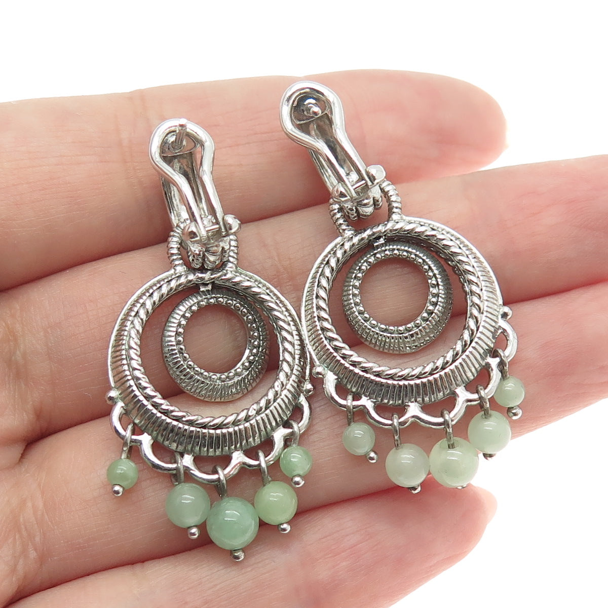 JUDITH RIPKA 925 Sterling Silver Real Jade Dangle Charm Omega Back Earrings