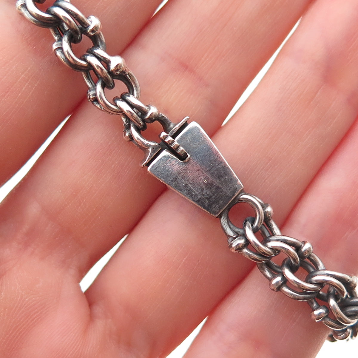 925 Sterling Silver Vintage Oxidized Double Bismark Link Bracelet 6.25"