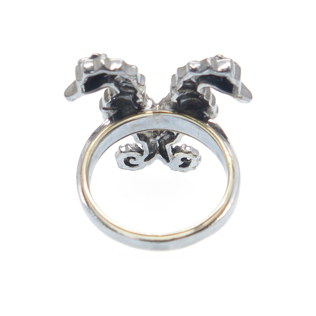 925 Sterling Silver Black Rhodium 2-Tone Real Diamond Seahorses Ring Size 7.25