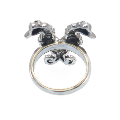 925 Sterling Silver Black Rhodium 2-Tone Real Diamond Seahorses Ring Size 7.25