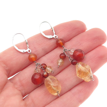 925 Sterling Silver Vintage Real Carnelian Clear Quartz Citrine Beaded Earrings