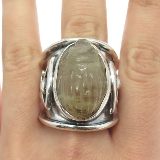 MERCURIOUS Sterling Silver Vintage Calcite Scarab & Eye of Horus Ring Size 14.75