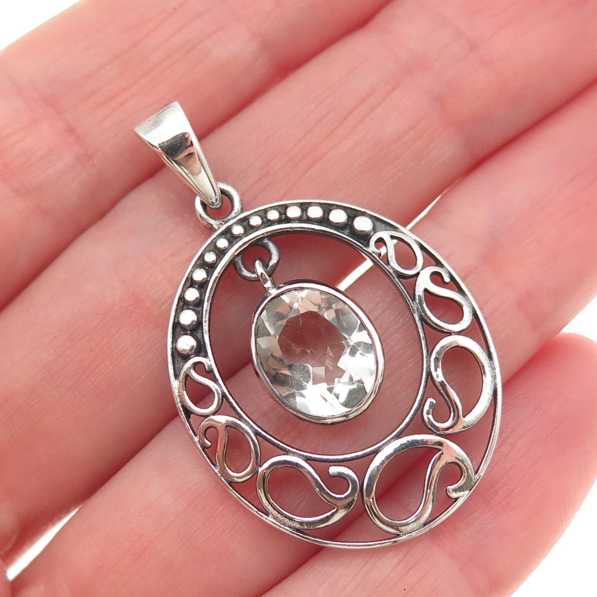 925 Sterling Silver Vintage Real Green Amethyst Crescent Charm Pendant