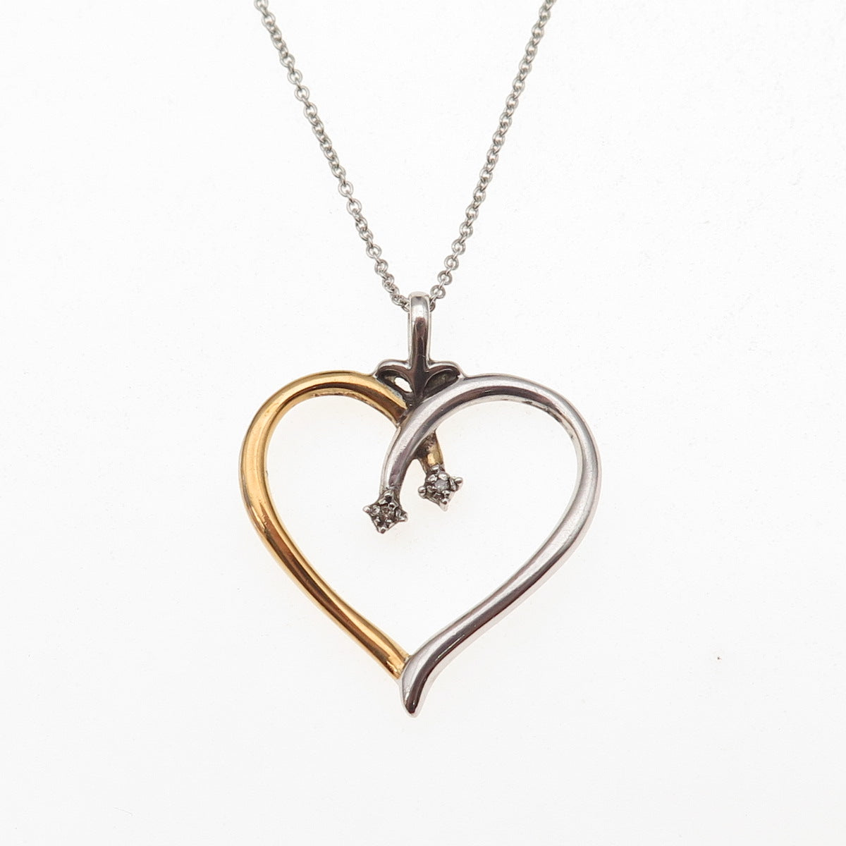 Bradford 925 Sterling Silver 2-Tone Real Diamond Heart Cable Chain Necklace 18"