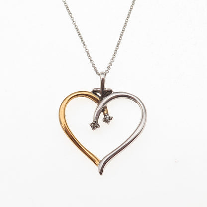 Bradford 925 Sterling Silver 2-Tone Real Diamond Heart Cable Chain Necklace 18"