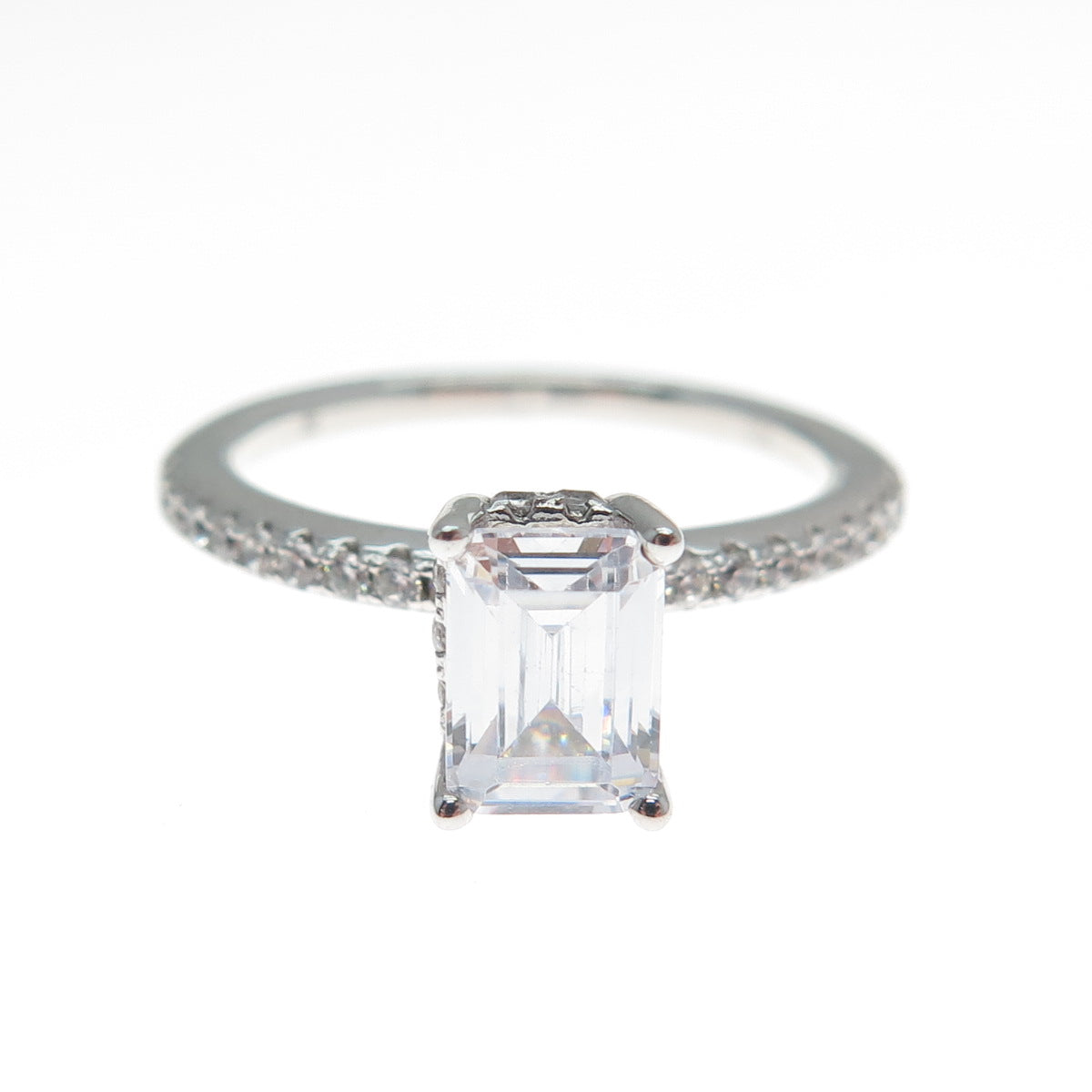 925 Sterling Silver Emerald & Round-Cut Shaped C Z Engagement Ring Size 7.25