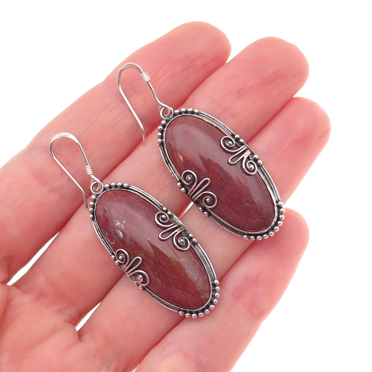 925 Sterling Silver Vintage Real Red Jasper Floral Oxidized Dangle Earrings