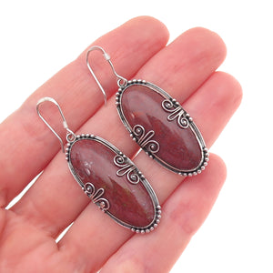 925 Sterling Silver Vintage Real Red Jasper Floral Oxidized Dangle Earrings