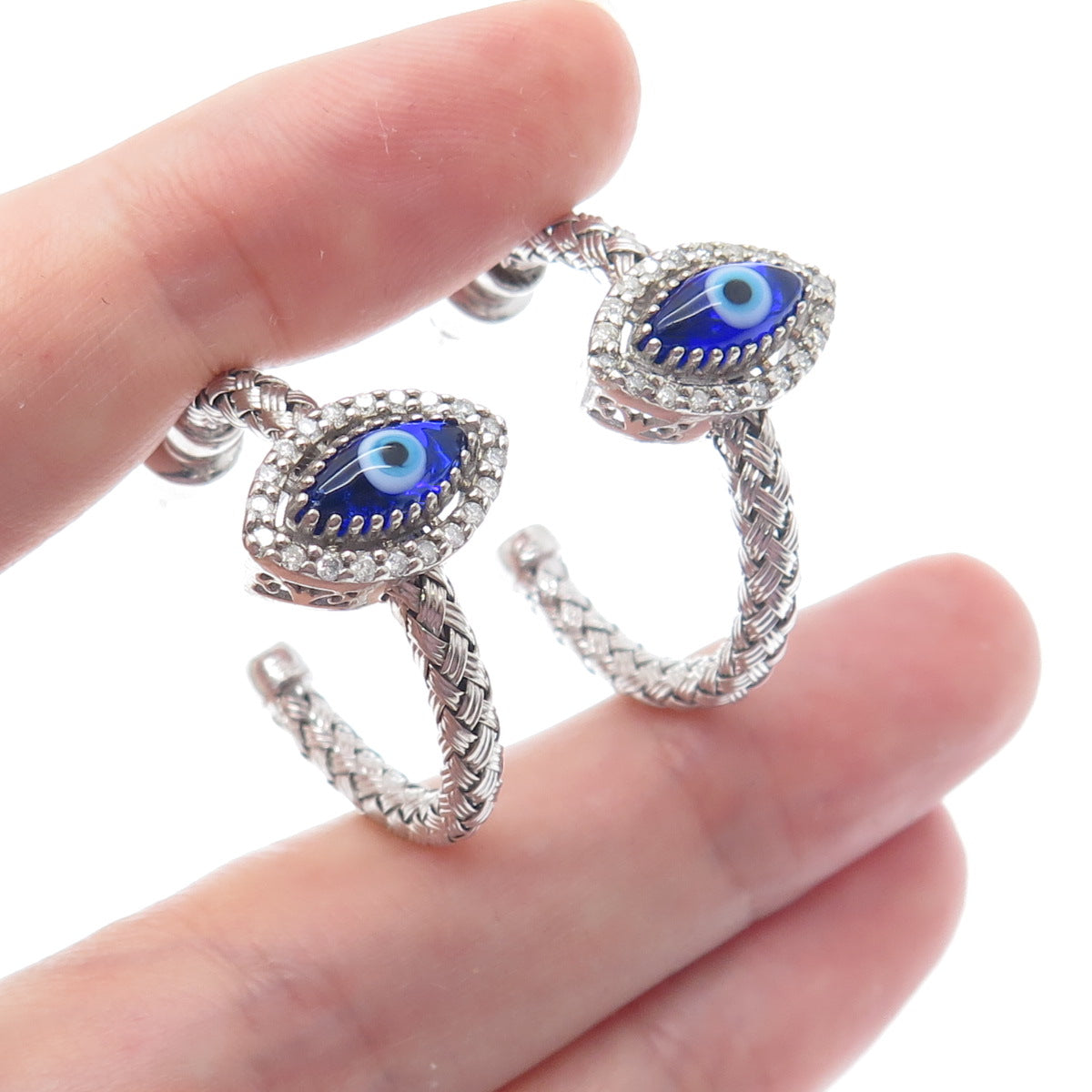 925 Sterling Silver Real Diamond & Enamel Evil Eye Wicker Half Hoop Earrings