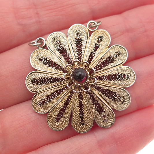925 Sterling Gold Plated Vintage Real Garnet Filigree Flower Centerpiece Pendant