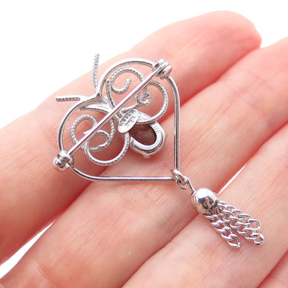 WELLS Sterling Silver Vintage Real Smoky Quartz Butterfly Heart Tassel Brooch