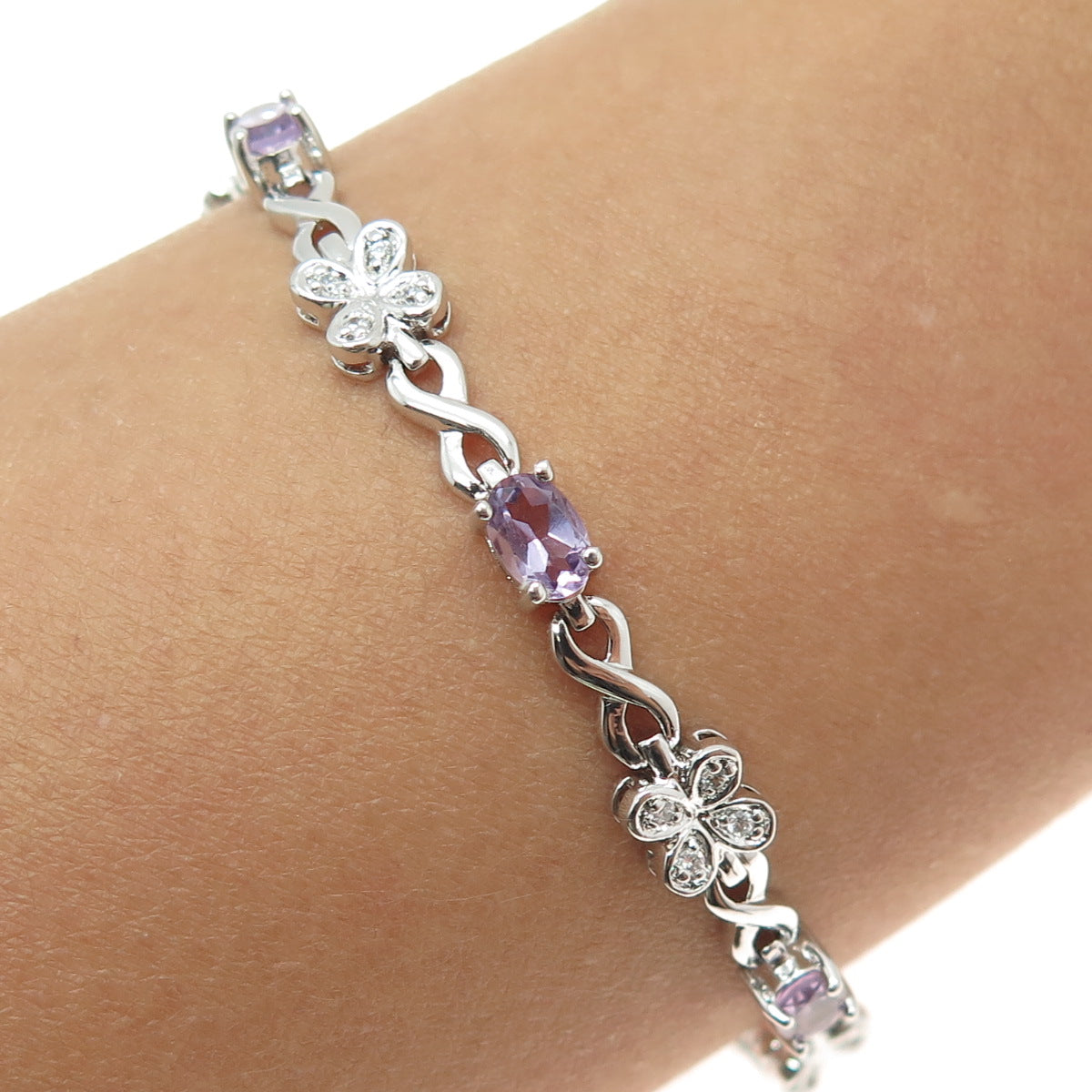 FADI 925 Sterling Silver Real Amethyst & C Z Flower Infinity Link Bracelet 7.5"