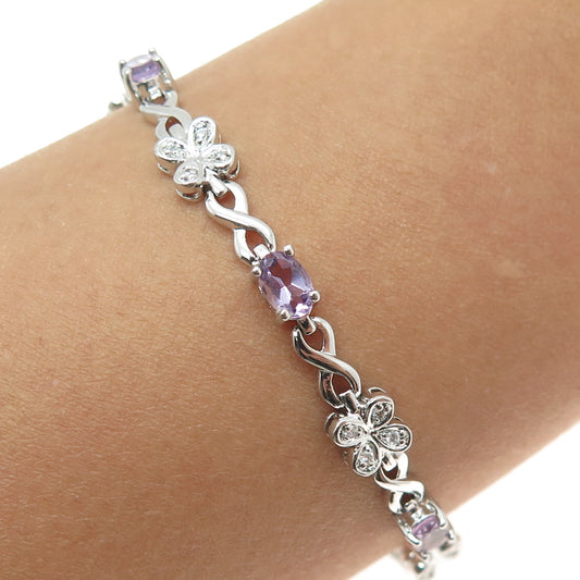 FADI 925 Sterling Silver Real Amethyst & C Z Flower Infinity Link Bracelet 7.5"