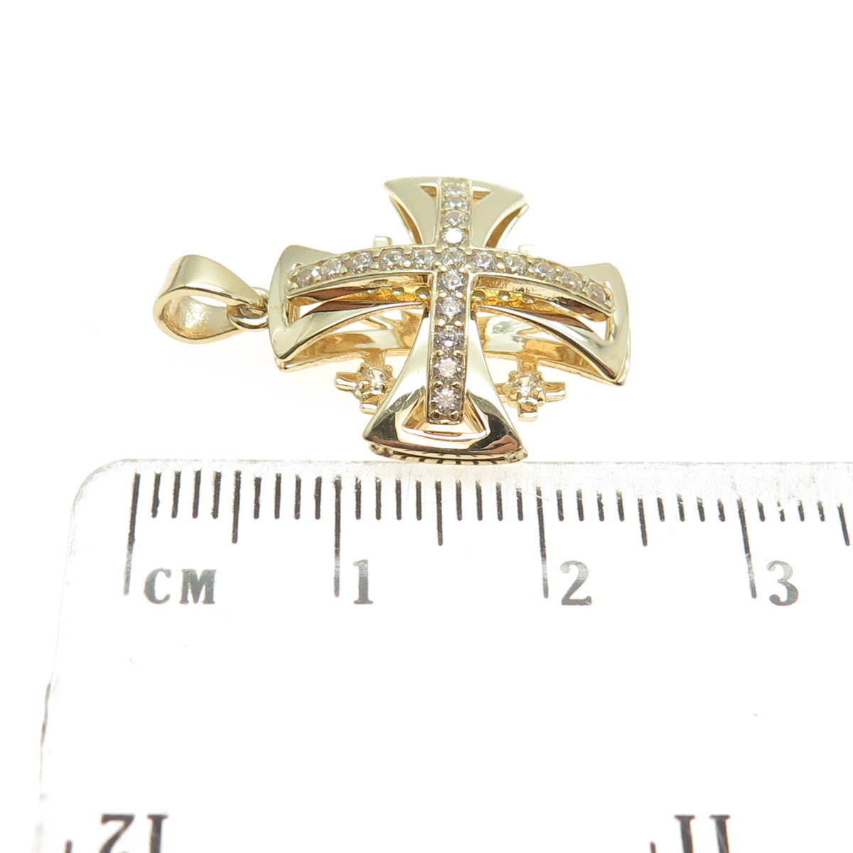 14K Yellow Gold Round-Cut C Z Jerusalem Cross Religious Charm Pendant