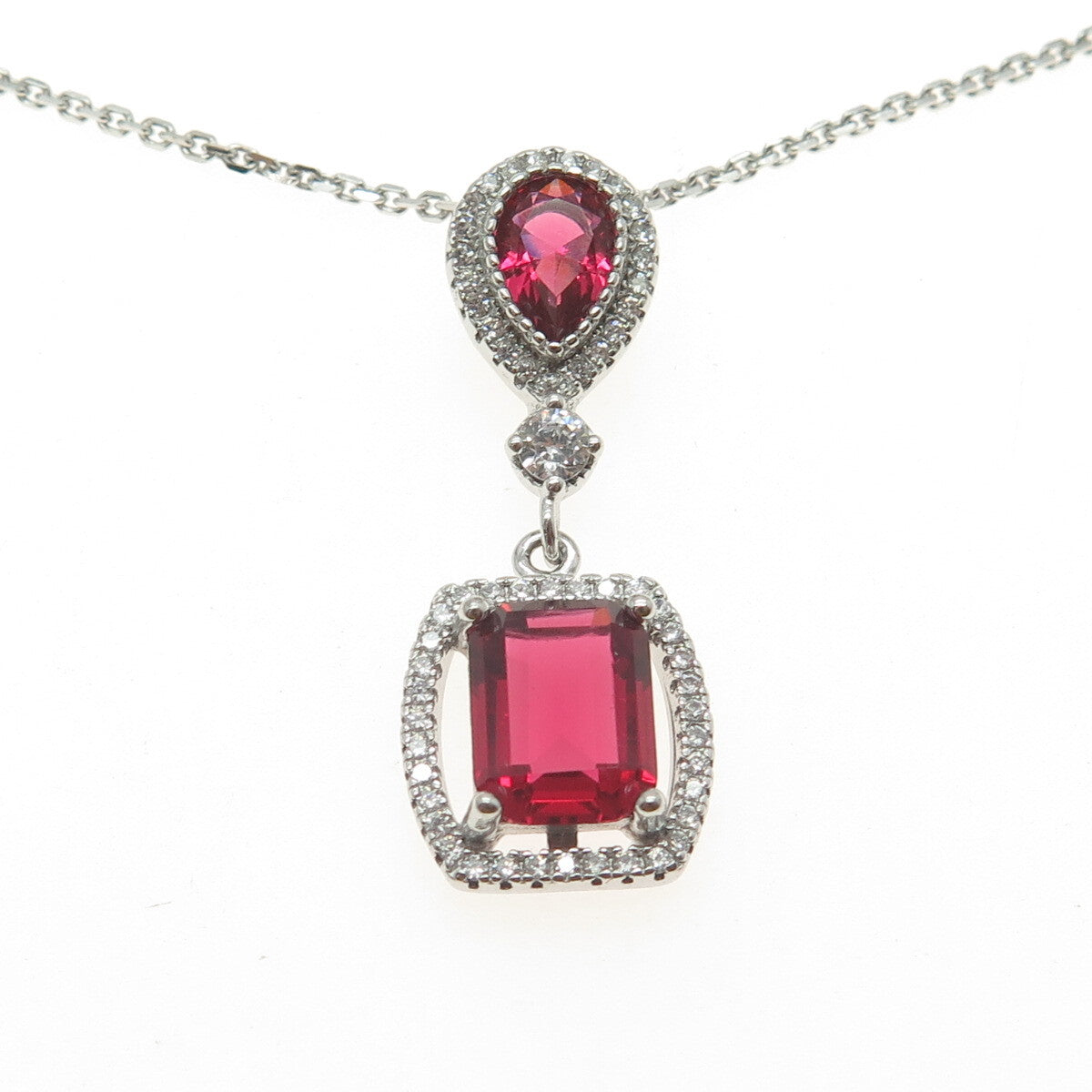 925 Sterling Silver White & Pink C Z Drop Cable Chain Necklace 16"