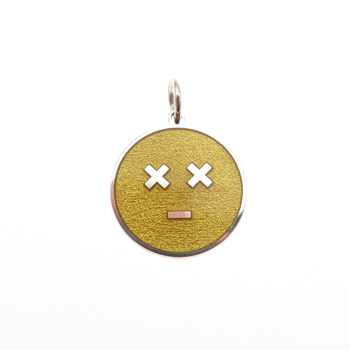 925 Sterling Silver Yellow Enamel Dead Face Emoji Round Tag Mini Charm Pendant