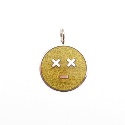 925 Sterling Silver Yellow Enamel Dead Face Emoji Round Tag Mini Charm Pendant