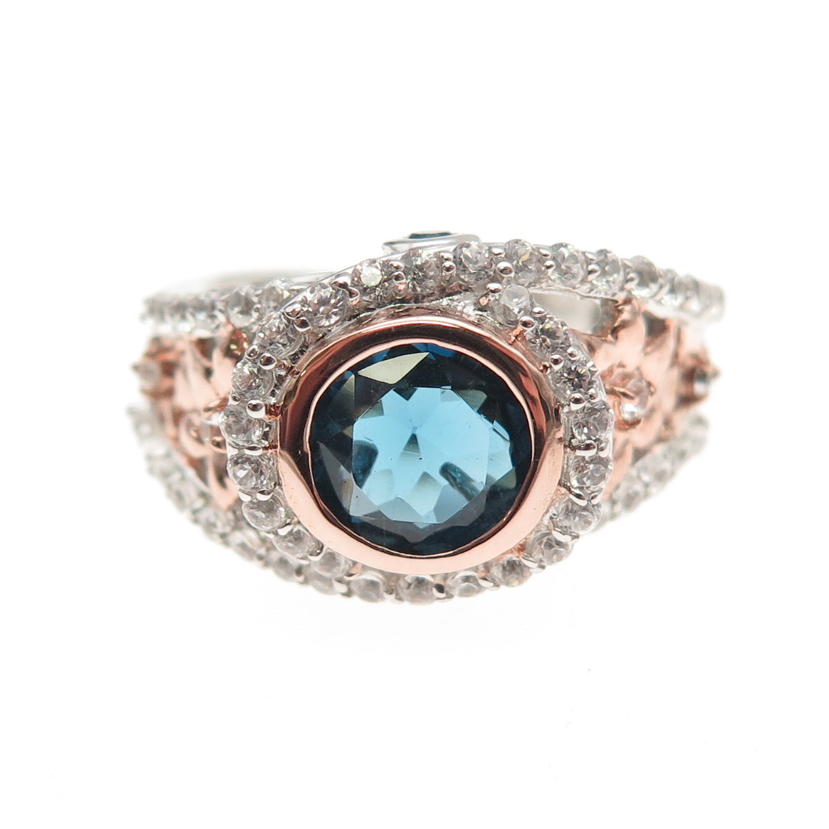 DSMK 925 Sterling Silver 2-Tone Real White Topaz & Blue C Z Ring Size 7.25