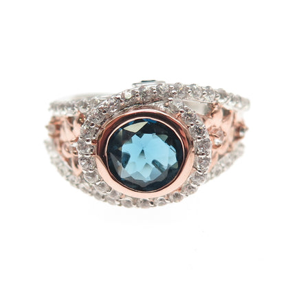 DSMK 925 Sterling Silver 2-Tone Real White Topaz & Blue C Z Ring Size 7.25