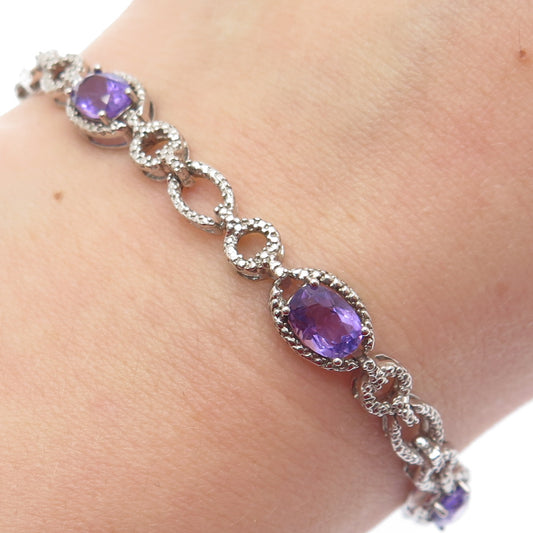 925 Sterling Silver Real Diamond Accent & Amethyst Gem Rolo Link Bracelet 7.25"