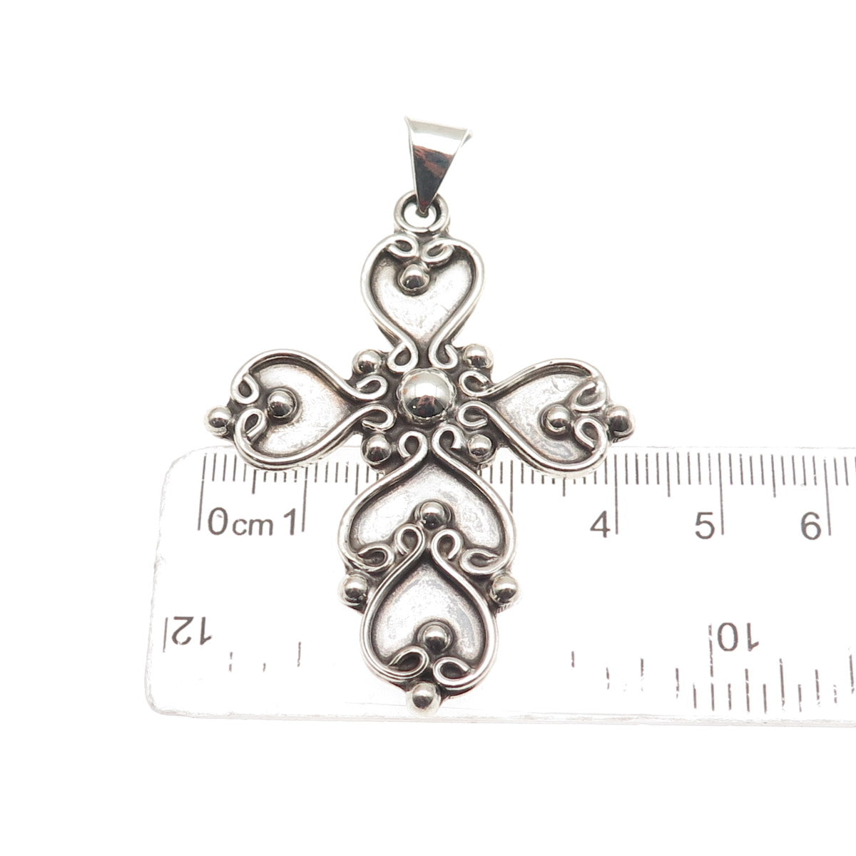 925 Sterling Silver Vintage Mexico Heart Ornate Cross Oxidized Pendant