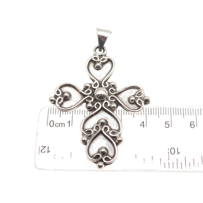 925 Sterling Silver Vintage Mexico Heart Ornate Cross Oxidized Pendant