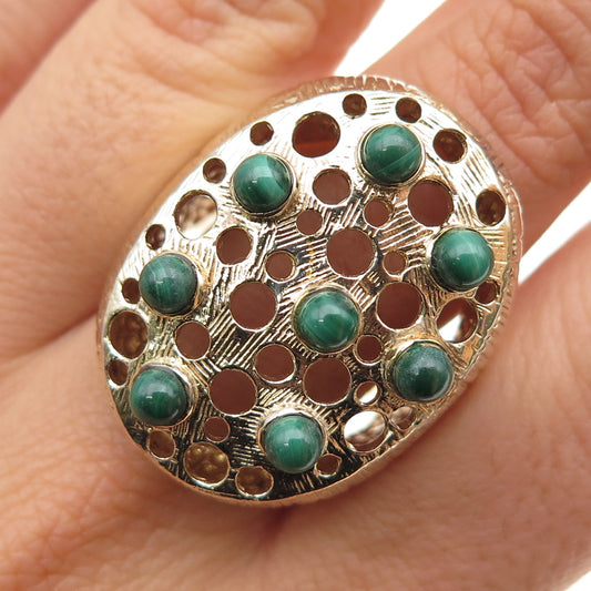 925 Sterling Silver Gold Plated Vintage Real Malachite Modernist Ring Size 10.25
