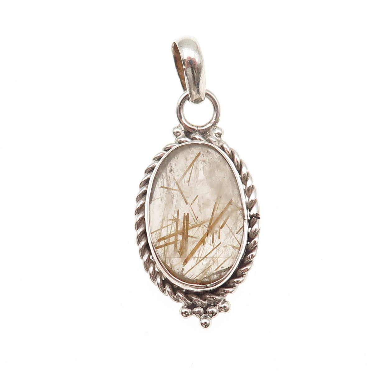 925 Sterling Silver Vintage Real Rutilated Quartz Oxidized Charm Pendant