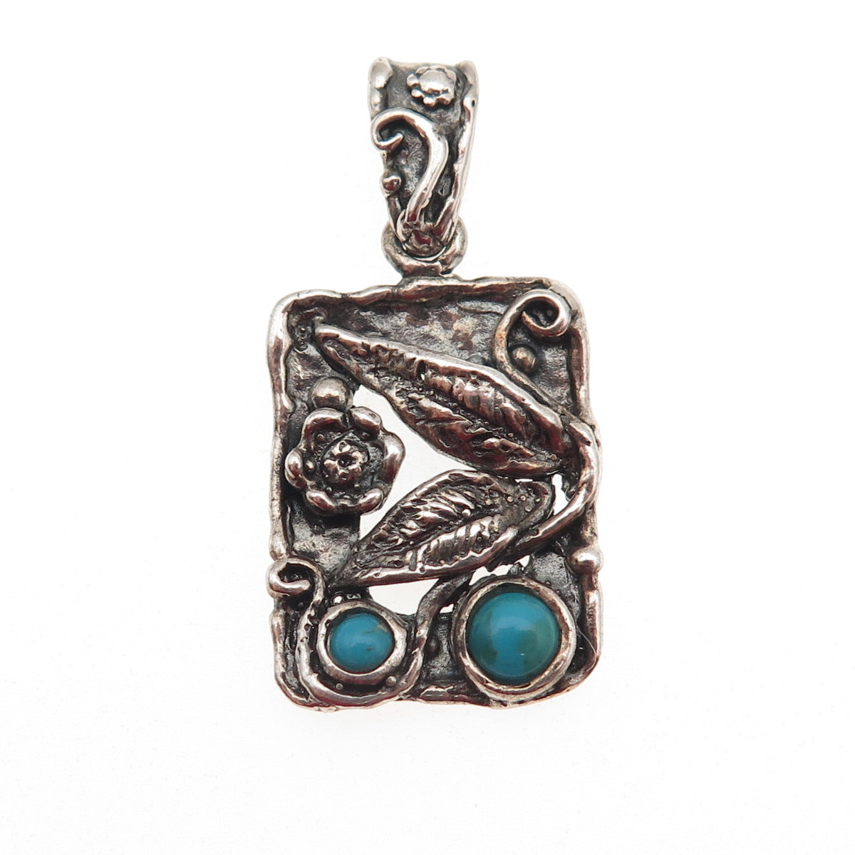 925 Sterling Silver Vintage Real Turquoise Floral Oxidized Charm Pendant