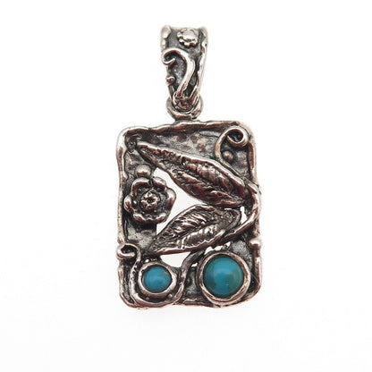 925 Sterling Silver Vintage Real Turquoise Floral Oxidized Charm Pendant