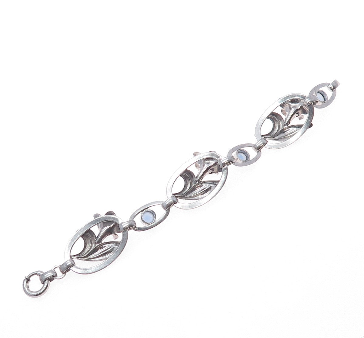 CARL ART 925 Sterling Silver Antique Art Deco Opalite Flower Bracelet 7"